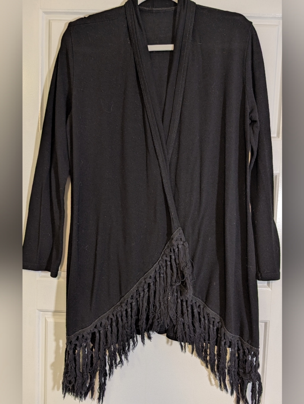 Black Women's Fringe Open-Front Sweater Cardigan - Picture 2 of 5